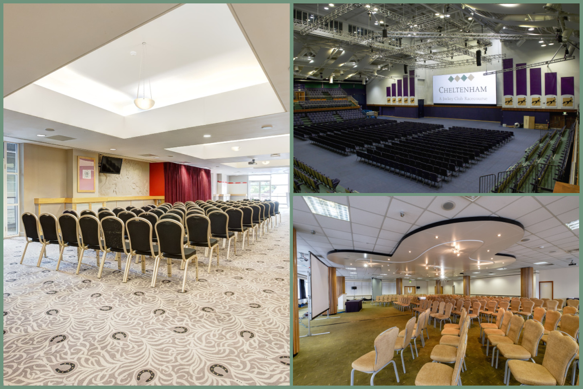 A collage of images of meeting and events space at the Cheltenham Racecourse.